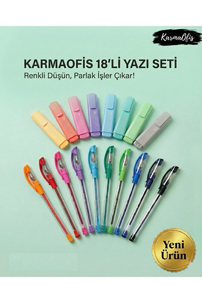 18’li Yazı Seti – 8’li Pastel Fosforlu + 10’lu Karışık Renk Tükenmez Kalem