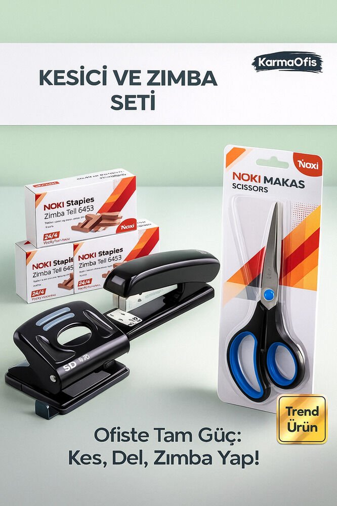 4'lü Ofis Kırtasiye Seti: Zımba, Delgeç, Makas ve 3000 Tel