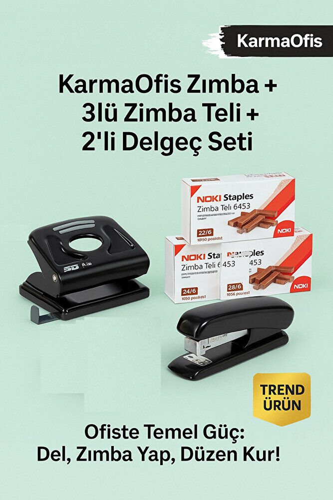 Zımba Makinesi + SD H-20 Delgeç + 3’lü Noki 24/6 Zımba Teli Seti (Toplam 3000 Tel)