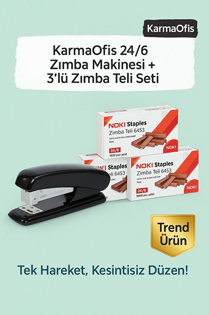 24/6 Zımba Makinesi + 3’lü Noki 24/6 Bakır Zımba Teli Seti (Toplam 3000 Tel)