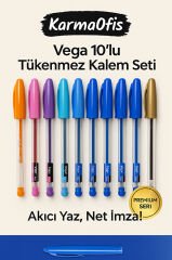 Vega 10’lu Tükenmez Kalem Seti – 5 Mavi+5 Renkli – 0.7 mm İnce Uç – Akıcı Yazım – Premium