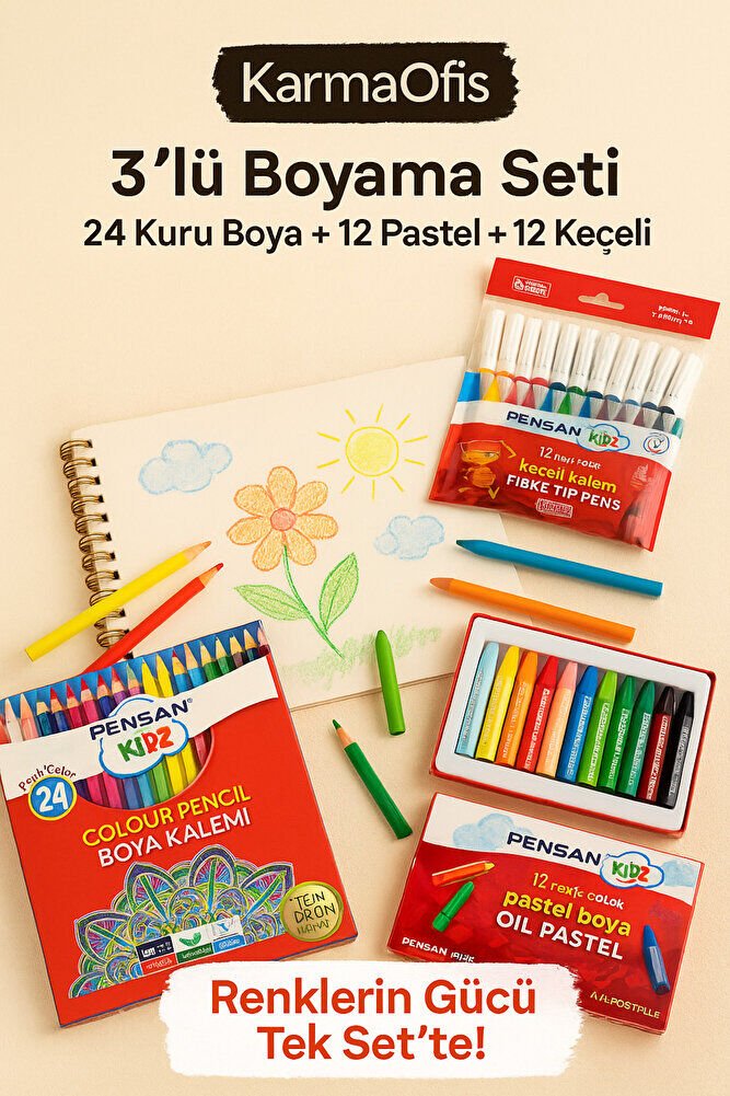 3’lü Boyama Seti – 24 Renk Kuru Boya+12 Renk Pastel Boya+12 Renk Keçeli Kalem