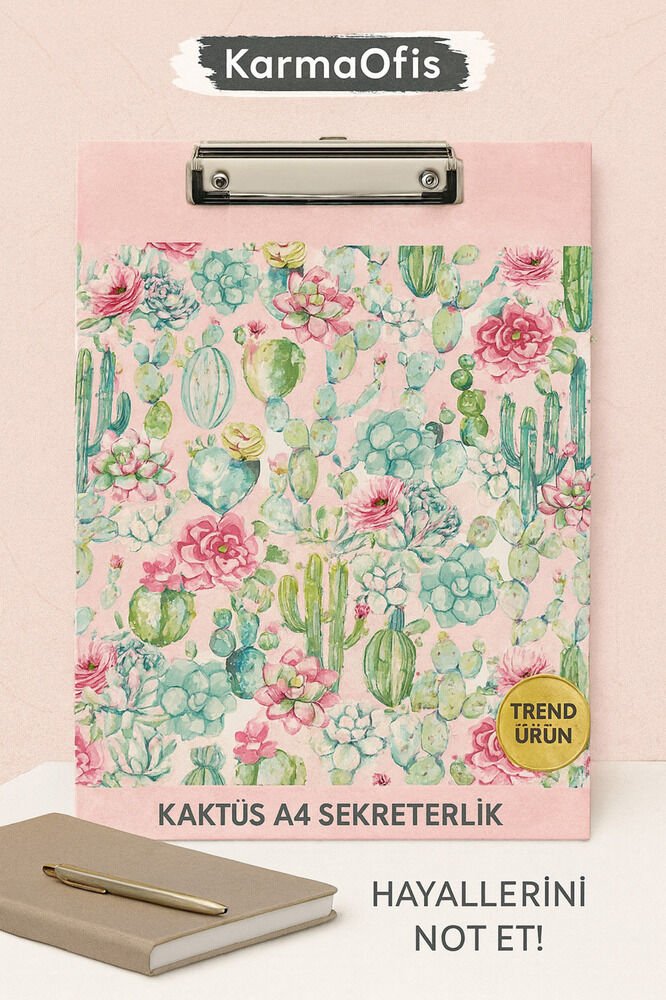 A4 Sekreterlik – Kaktüs & Sukulent Desenli | Kaliteli Kapak