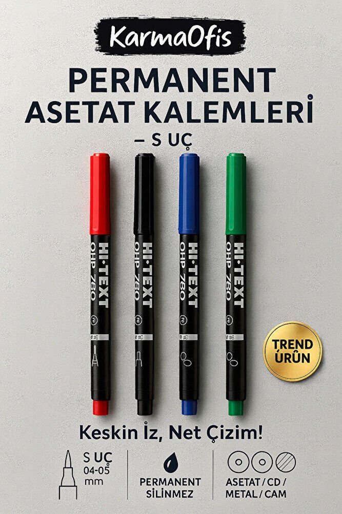 Permanent Asetat Kalemi 4 Renk S Uç – Cam, CD, Metal, Plastik Yazı Kalemi