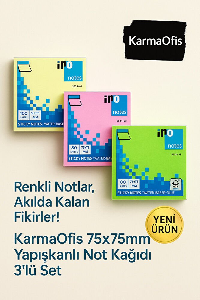 75x75mm Yapışkanlı Not Kağıdı 3’lü Set (Pastel Sarı, Pembe, Yeşil)