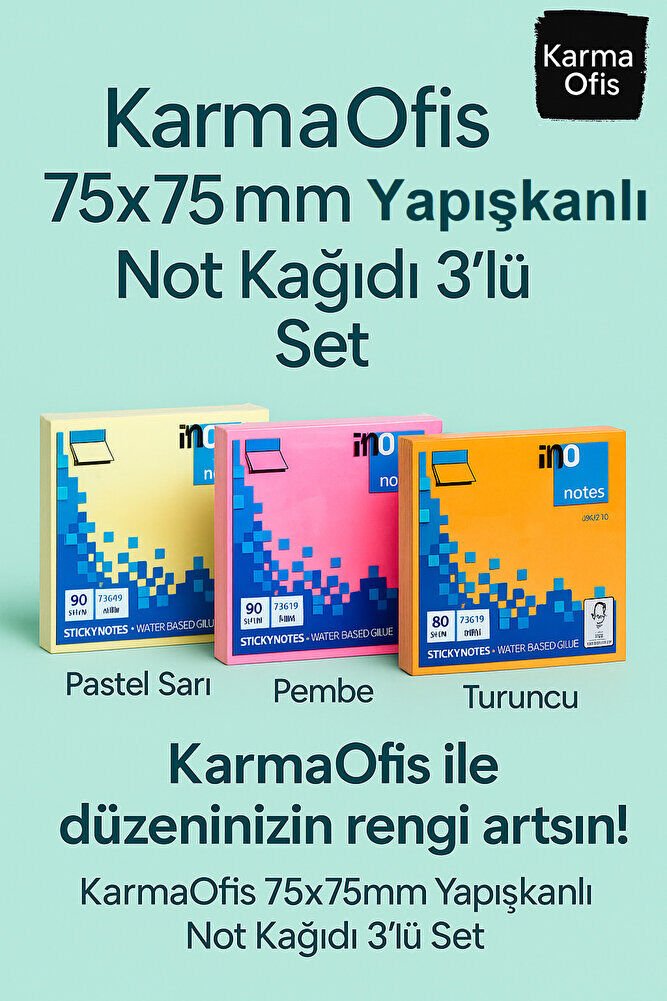 75x75mm Yapışkanlı Not Kağıdı 3’lü Set (Pastel Sarı, Pembe, Turuncu)