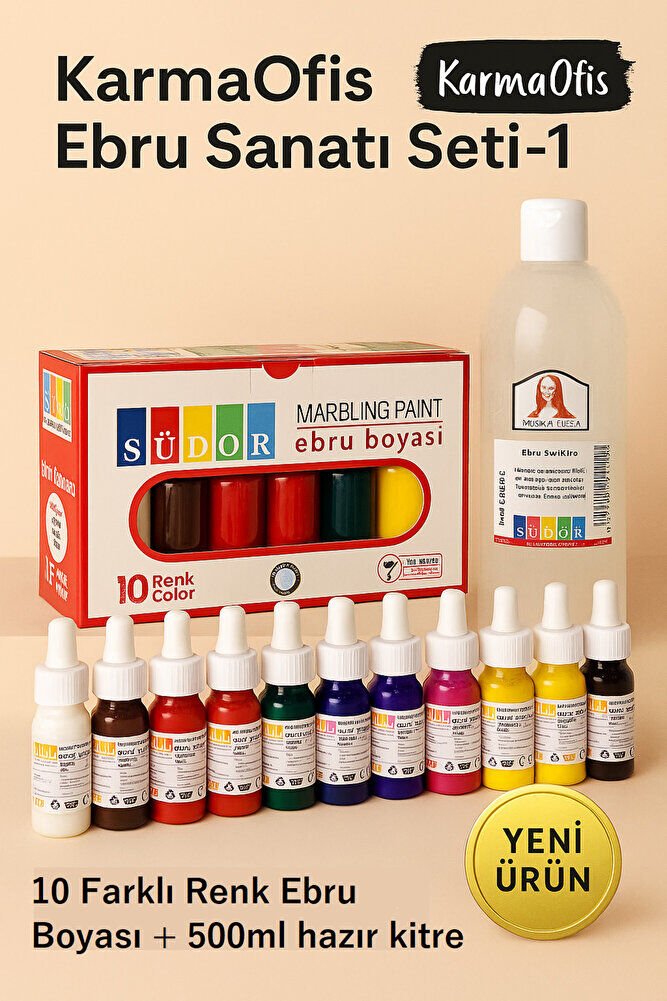 Kolay Ebru Sanatı Seti-1 – 10 Renk 25 ml Ebru Boyası + 500 ml Kitre