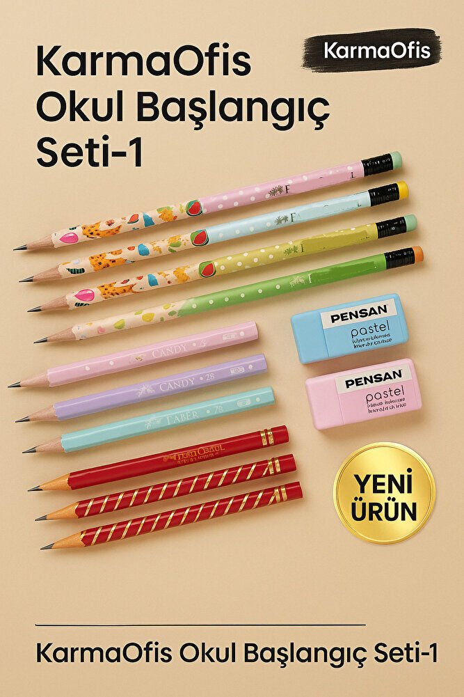Pastel Kurşun Kalem + Silgi + Desenli Kalem Seti 12'li