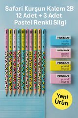 Safari Kurşun Kalem 2B 12 Adet + 3 Adet Pastel Renkli Silgi