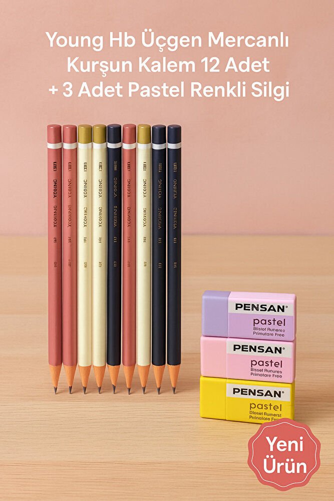Young Hb Üçgen Mercanlı Kurşun Kalem 12 Adet + 3 Adet Pastel Renkli Silgi