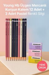 Young Hb Üçgen Mercanlı Kurşun Kalem 12 Adet + 3 Adet Pastel Renkli Silgi