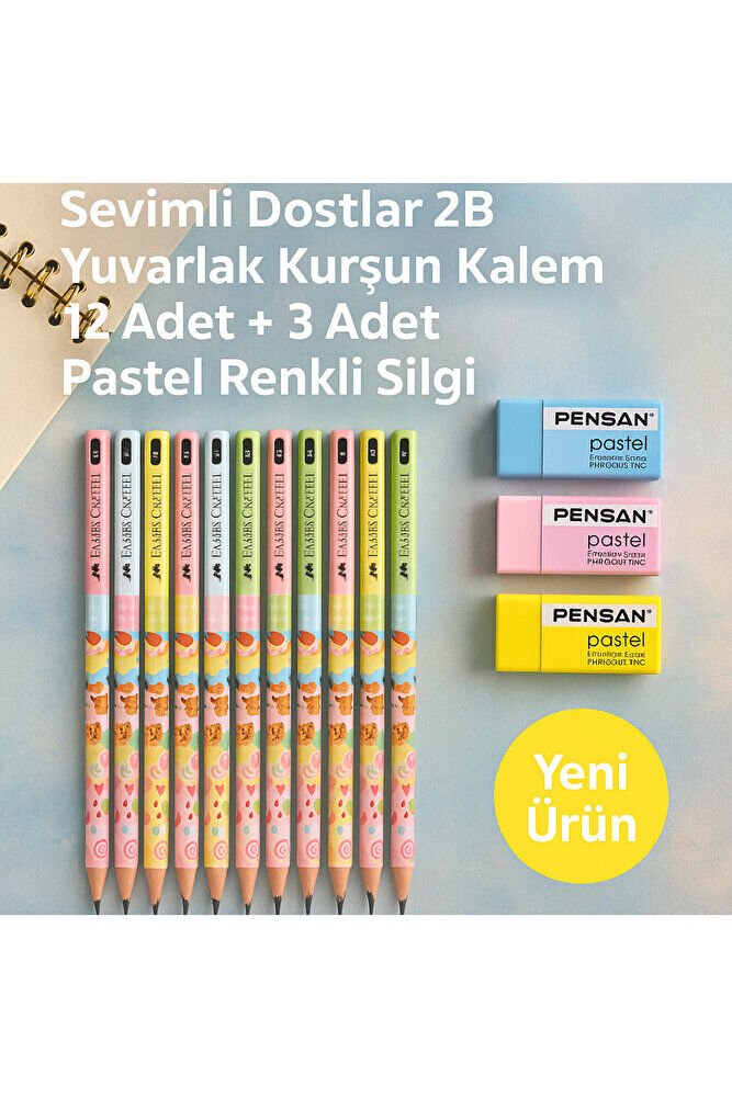 Sevimli Dostlar 2B Yuvarlak Kurşun Kalem 12 Adet + 3 Adet Pastel Renkli Silgi