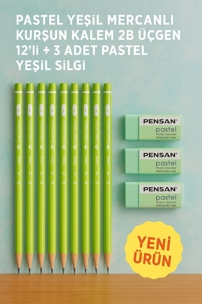 Pastel Yeşil Mercanlı Kurşun Kalem 2B Üçgen 12li + 3 Adet Pastel Yeşil Silgi