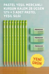 Pastel Yeşil Mercanlı Kurşun Kalem 2B Üçgen 12li + 3 Adet Pastel Yeşil Silgi