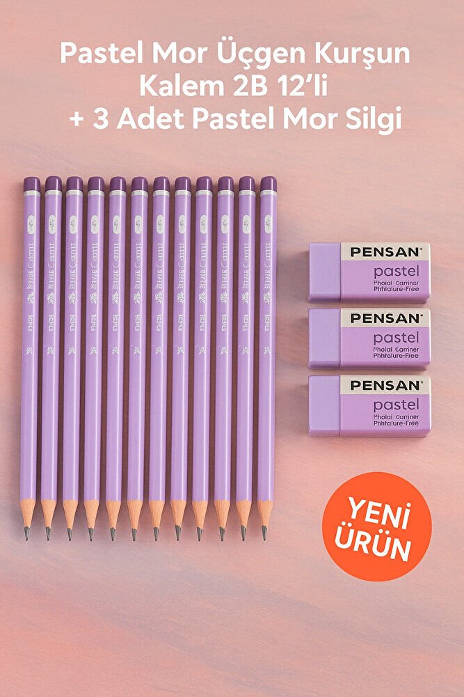 Pastel Mor Mercanlı Kurşun Kalem 2B Üçgen 12li + 3 Adet Pastel Mor Silgi