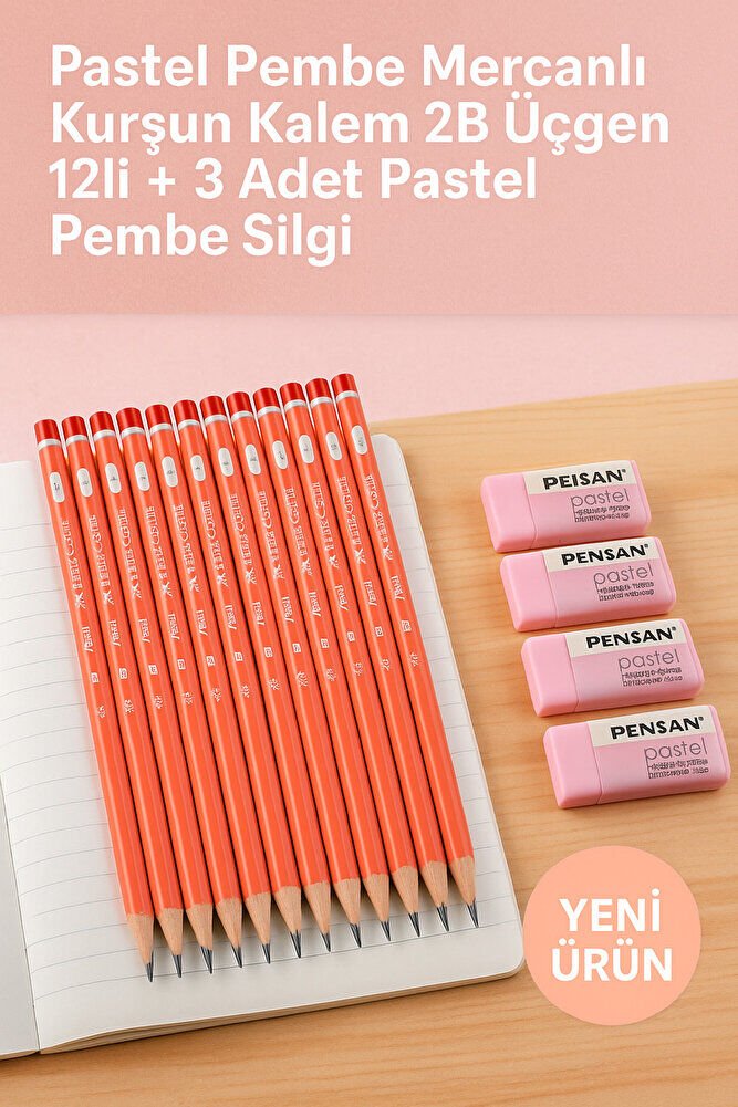 Pastel Pembe Mercanlı Kurşun Kalem 2B Üçgen 12li + 3 Adet Pastel Pembe Silgi