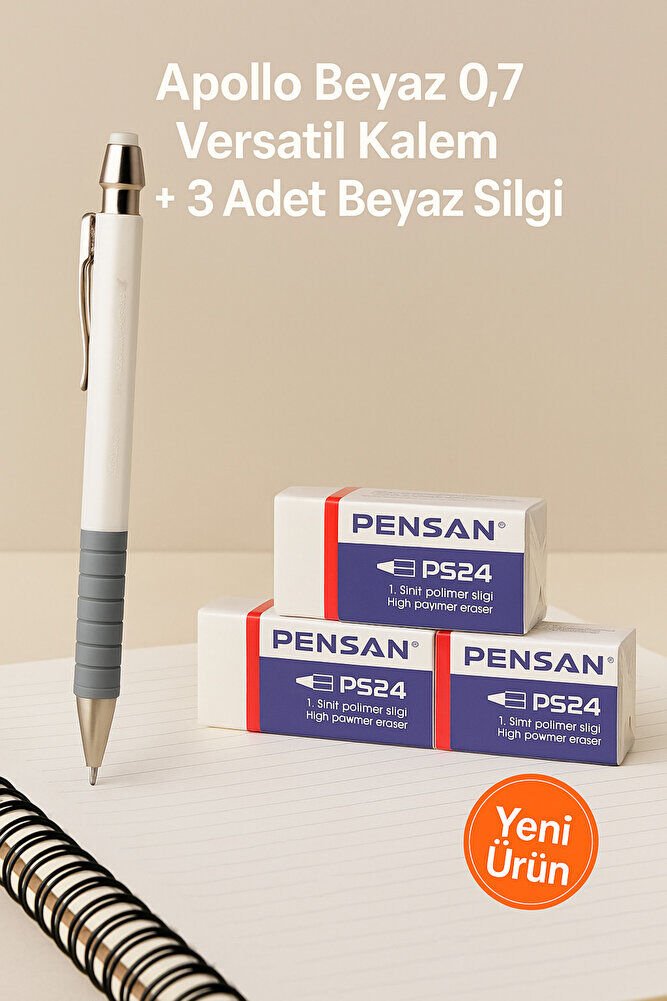 Apollo Beyaz 0.7 Versatil Kalem + 3 Adet Beyaz Silgi