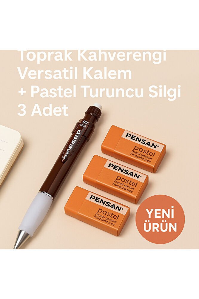 Toprak Kahve Versatil Kalem + Pastel Turuncu Silgi 3 Adet