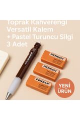 Toprak Kahve Versatil Kalem + Pastel Turuncu Silgi 3 Adet