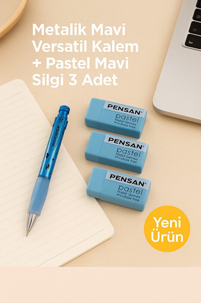 Metalik Mavi Versatil Kalem + Pastel Mavi Silgi 3 Adet