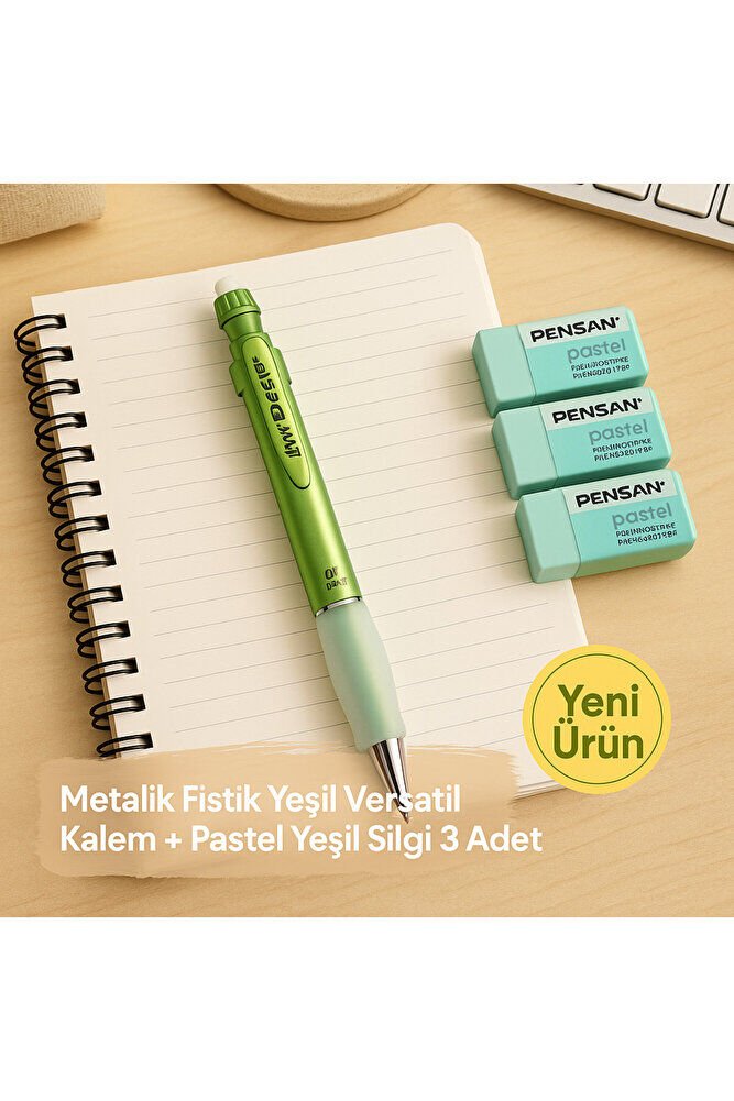 Metalik Fıstık Yeşili Versatil Kalem + Pastel Yeşil Silgi 3 Adet