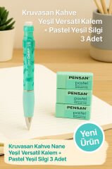 Kruvasan Kahve Yeşil Versatil Kalem + Pastel Yeşil Silgi 3 Adet