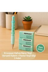 Kruvasan Kahve Yeşil Versatil Kalem + Pastel Yeşil Silgi 3 Adet