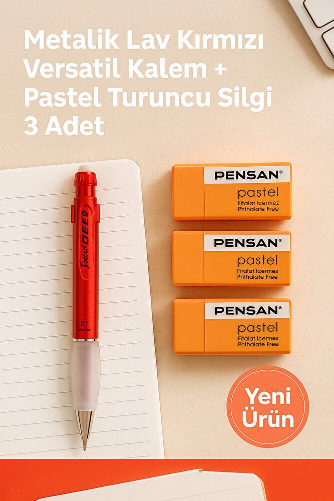 Metalik Lav Kırmızı Versatil Kalem + Pastel Turuncu Silgi 3 Adet