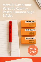 Metalik Lav Kırmızı Versatil Kalem + Pastel Turuncu Silgi 3 Adet