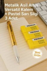 Metalik Lav Kırmızı Versatil Kalem + Pastel Turuncu Silgi 3 Adet