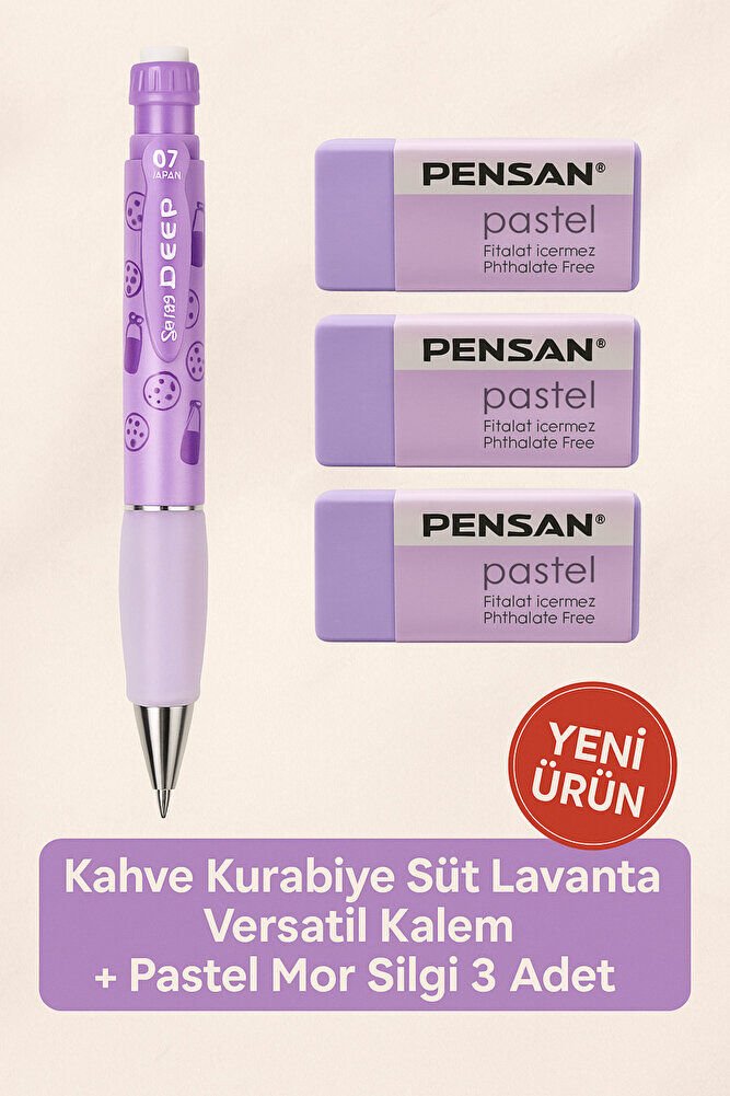 Metalik Mavi 0.7 Versatil Kalem + Pastel Mavi Silgi 3'lü Set