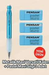 Metalik Mavi 0.7 Versatil Kalem + Pastel Mavi Silgi 3'lü Set