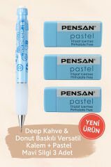 Metalik Mavi 0.7 Versatil Kalem + Pastel Mavi Silgi 3'lü Set